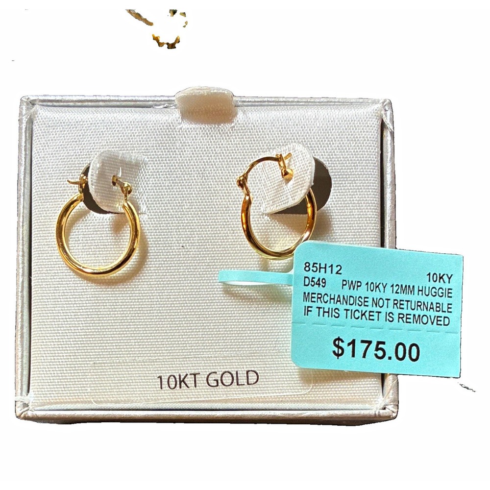 10K Yellow Gold 12mm Round Huggie Hoop Earrings Pair